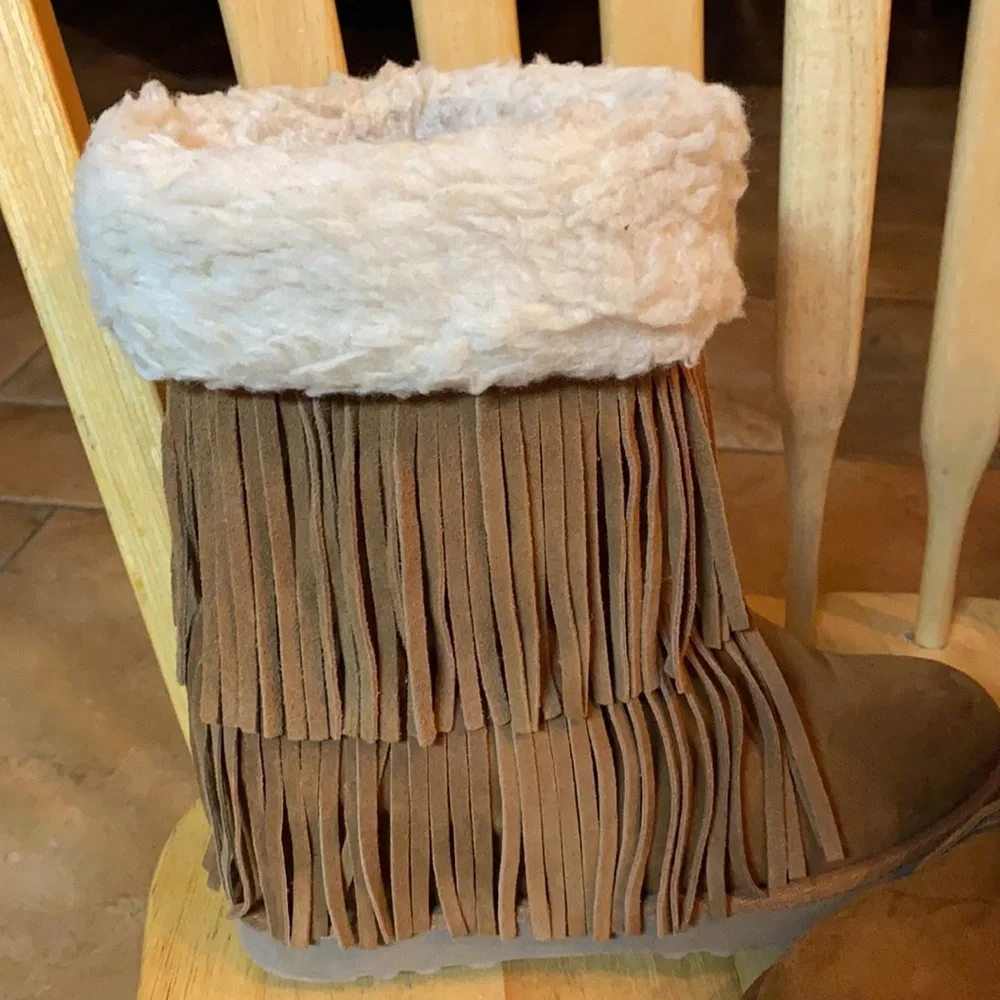 Madden Girl Tan Fringe Winter Boots with Cream Sherpa Cuff